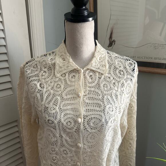 GERARD DAREL Sweater Womens 4 Cream Open Knit Crochet Merino Wool Dainty Cottage - Picture 3 of 10